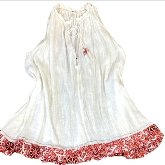 Free People White Gauze Tunic Top Red Floral Ruffle Hem XS Tassel Tie 294G - Picture 2 of 9